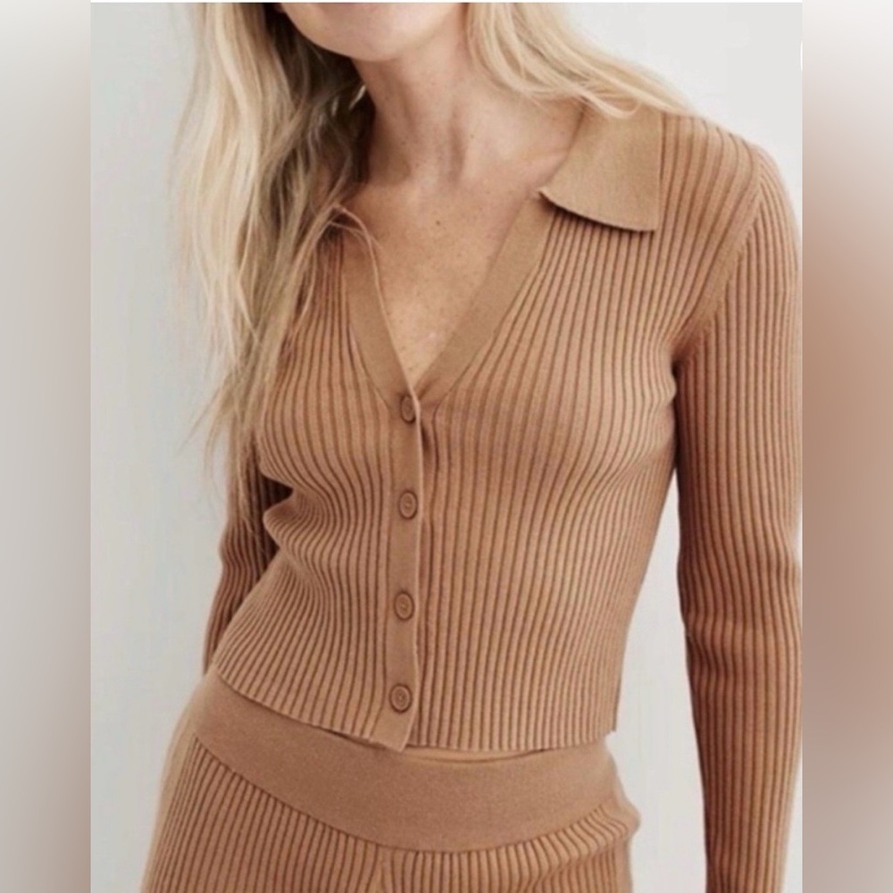 NWT Aerie Gotta Jet Ribbed Cropped Polo Button Sweater Size Small 🤎🤎🤎